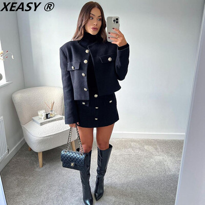 Set de jachete din tweed XEASY Seturi de două piese Fusta femei toamna 2021 Moda femei Jachetă neagră cu un singur piept Costum cu fustă cu talie înaltă