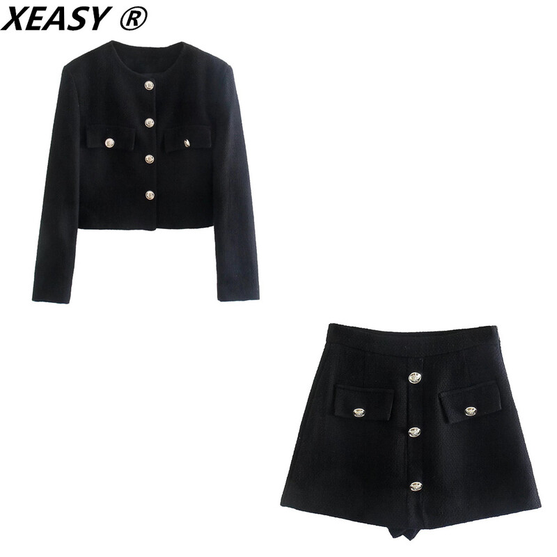 XEASY Komplet sakoa od tvida Dvodijelni kompleti Ženska suknja Jesen 2021. Ženska modna crna jednoredna jakna Suknja s visokim strukom