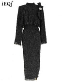 IEQJ Dvodijelni set od francuskog tvida za žene, komplet midi suknji visokog struka s resicama i dijamantima, trodimenzionalni gornji dio s mašnom 3WQ8149