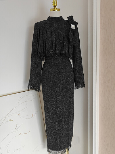 IEQJ Dvodijelni set od francuskog tvida za žene, komplet midi suknji visokog struka s resicama i dijamantima, trodimenzionalni gornji dio s mašnom 3WQ8149