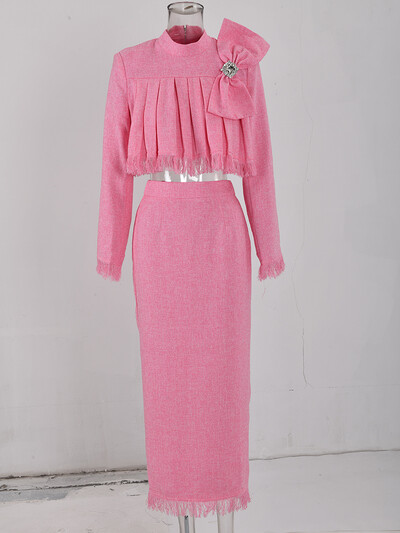 IEQJ Dvodijelni set od francuskog tvida za žene, komplet midi suknji visokog struka s resicama i dijamantima, trodimenzionalni gornji dio s mašnom 3WQ8149