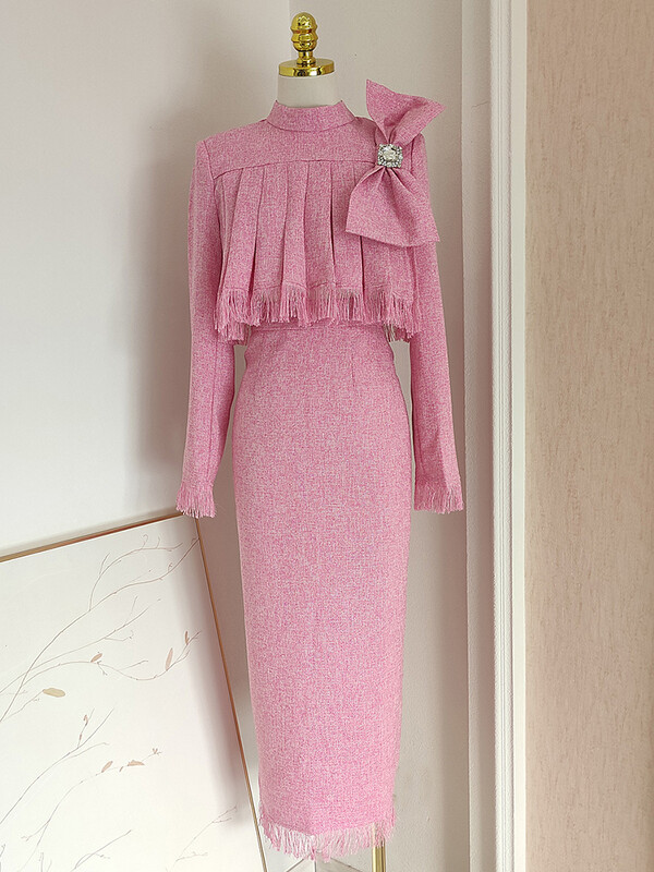 IEQJ Dvodijelni set od francuskog tvida za žene, komplet midi suknji visokog struka s resicama i dijamantima, trodimenzionalni gornji dio s mašnom 3WQ8149