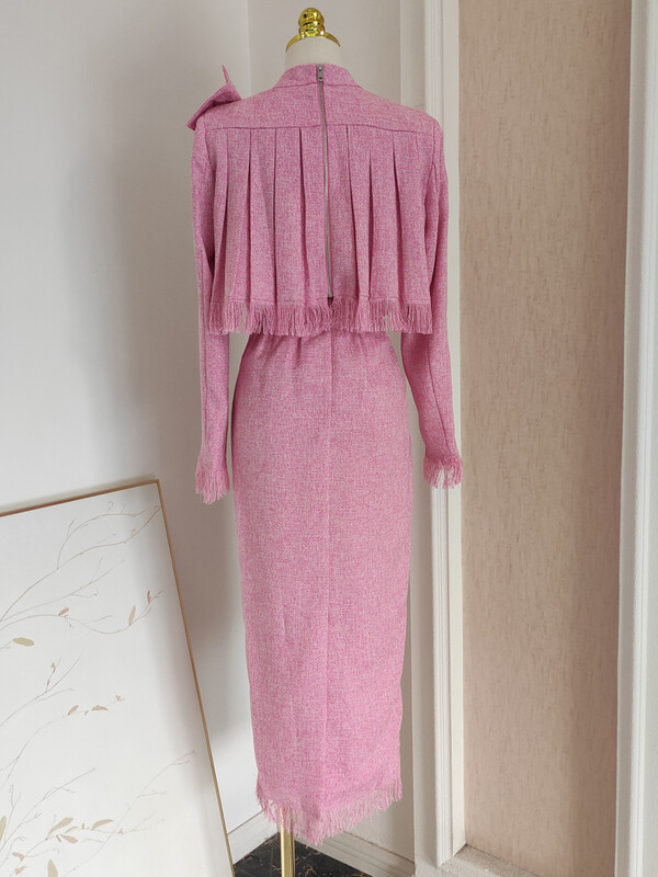 IEQJ Dvodijelni set od francuskog tvida za žene, komplet midi suknji visokog struka s resicama i dijamantima, trodimenzionalni gornji dio s mašnom 3WQ8149