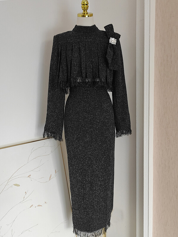 IEQJ Dvodijelni set od francuskog tvida za žene, komplet midi suknji visokog struka s resicama i dijamantima, trodimenzionalni gornji dio s mašnom 3WQ8149