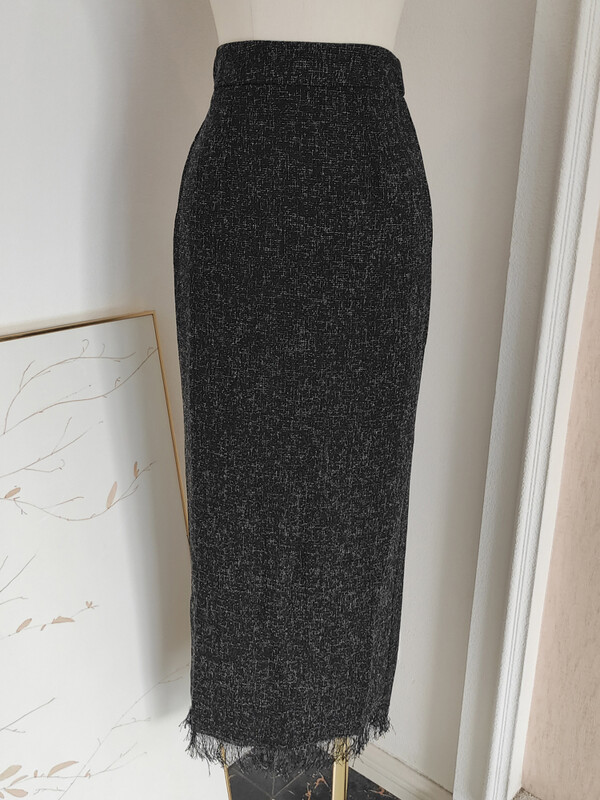 IEQJ Dvodijelni set od francuskog tvida za žene, komplet midi suknji visokog struka s resicama i dijamantima, trodimenzionalni gornji dio s mašnom 3WQ8149