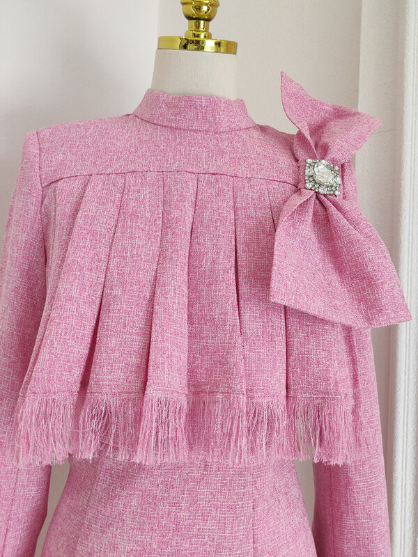 IEQJ Dvodijelni set od francuskog tvida za žene, komplet midi suknji visokog struka s resicama i dijamantima, trodimenzionalni gornji dio s mašnom 3WQ8149