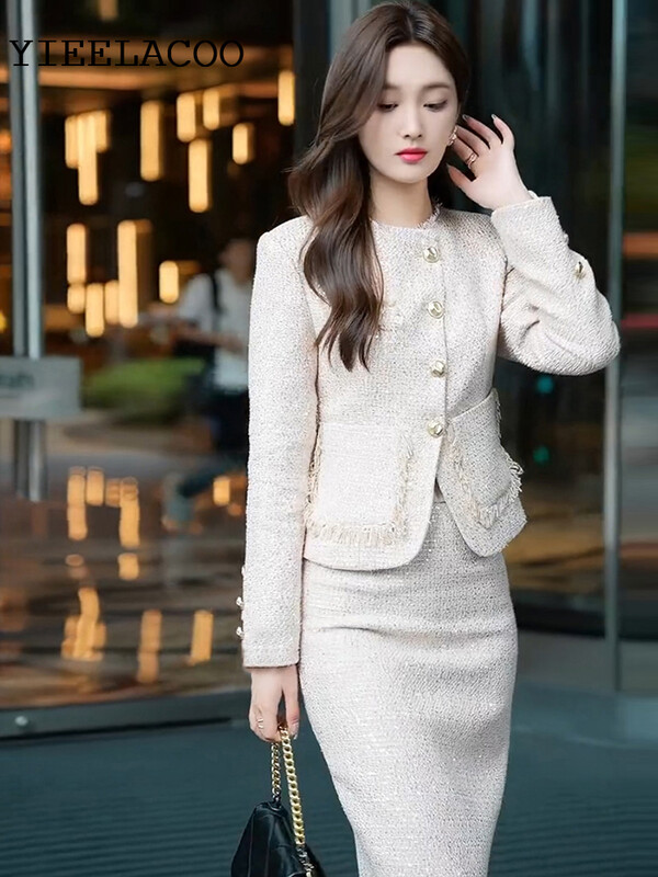 Naiste komplekt Uus roosa litritega kangas sügis/ naistele Tweed jakk + seelik, ülikond, moodne professionaalne 2-osaline komplekt