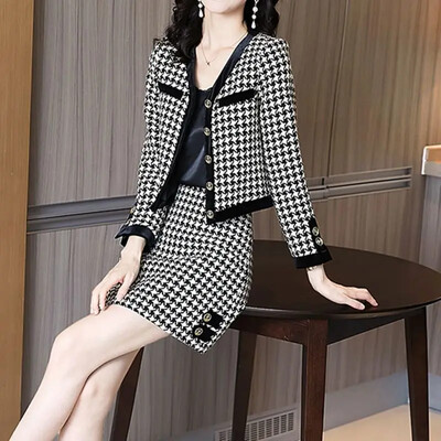 Tweed Style naiste kevad/sügis 2-osaline komplekt Bodycon seelik pikkade varrukatega jakk Kardigan salendav naisteriided