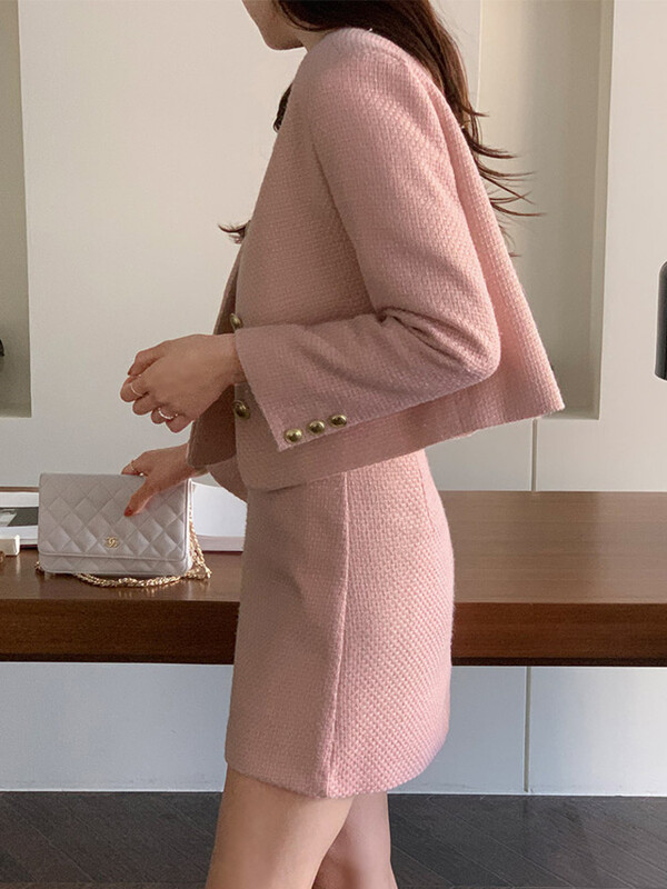 Novi korejski modni dvodijelni set od tvida za žene, jesen, zima, elegantna, kratka jakna dugih rukava, kaput + mini suknja, odijela OL