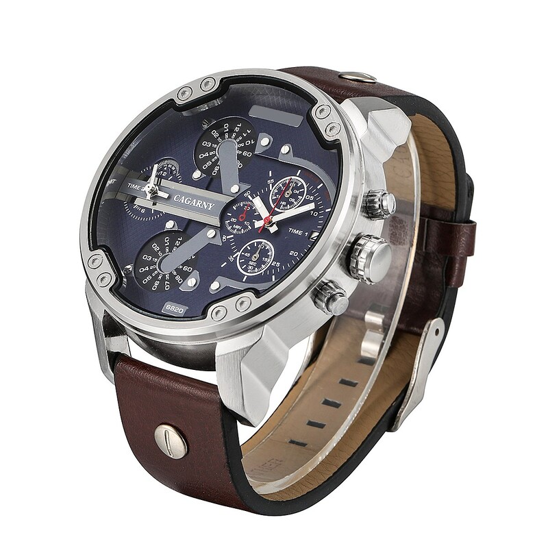 CAGARNY Γνήσια μάρκα Big dial 6820 dual time zone Δερμάτινα ρολόγια χειρός Quartz Man Date Αδιάβροχο Fashion Casual Ανδρικό ρολόι