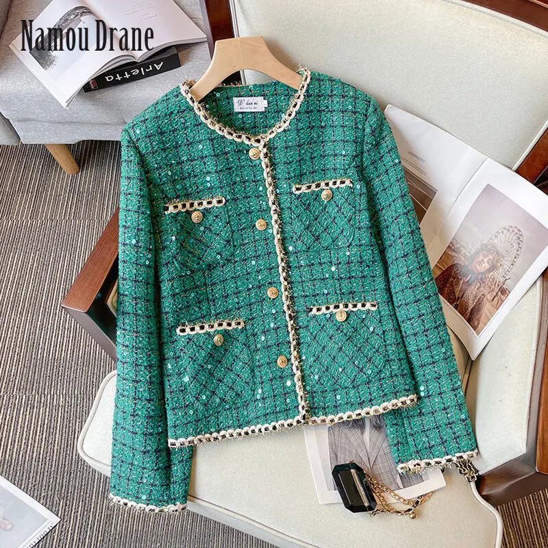 Zeleno modno odijelo Suknja Ženska 2023. Proljeće i jesen New Age-smanjujući svijetli sjajni kaput Temperamentna suknja Dvodijelni set