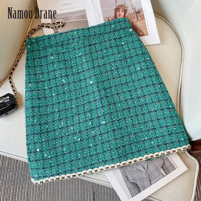 Zeleno modno odijelo Suknja Ženska 2023. Proljeće i jesen New Age-smanjujući svijetli sjajni kaput Temperamentna suknja Dvodijelni set