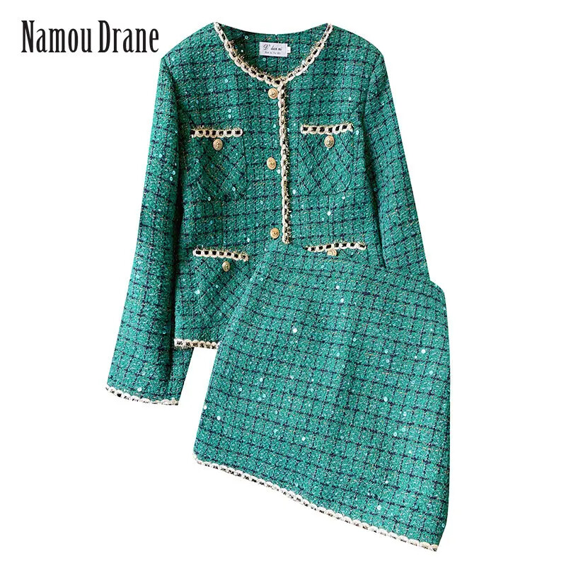 Zeleno modno odijelo Suknja Ženska 2023. Proljeće i jesen New Age-smanjujući svijetli sjajni kaput Temperamentna suknja Dvodijelni set