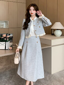 Elegantne volangidega tviidvillane jakk + joonega pikk seelik, 2-osaline komplekt naiste sügistalvine kleit-ülikond Moedisainerite peokomplektid