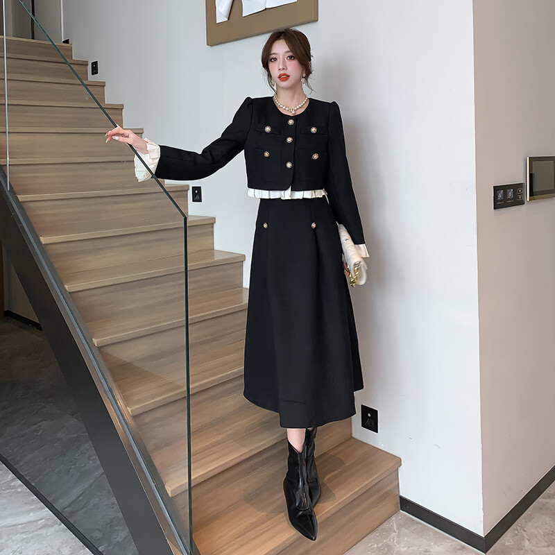 Elegantne volangidega tviidvillane jakk + joonega pikk seelik, 2-osaline komplekt naiste sügistalvine kleit-ülikond Moedisainerite peokomplektid