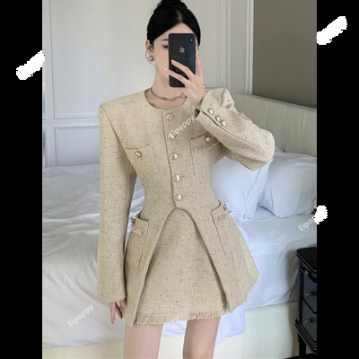 2024. aasta uus väikese lõhnaga Tweed Fashion naiste komplekt Chic O kaelusega jakk + kõrge vöökohaga Line õhuke seelik Korea kaheosaline komplekt