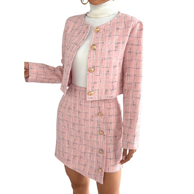 Traffic 2024 Дамски комплект от туид 2 комплекта от две части, копчета с дълъг ръкав, късо яке и комплект мини пола с А-силует, есенно-зимни дамски екипи