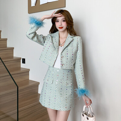 Set 2 piese de lux Mic parfumat Wind Tweed Femei Toamna Iarna Blazer Jacheta + Mini Fusta Costum Tinute Femei