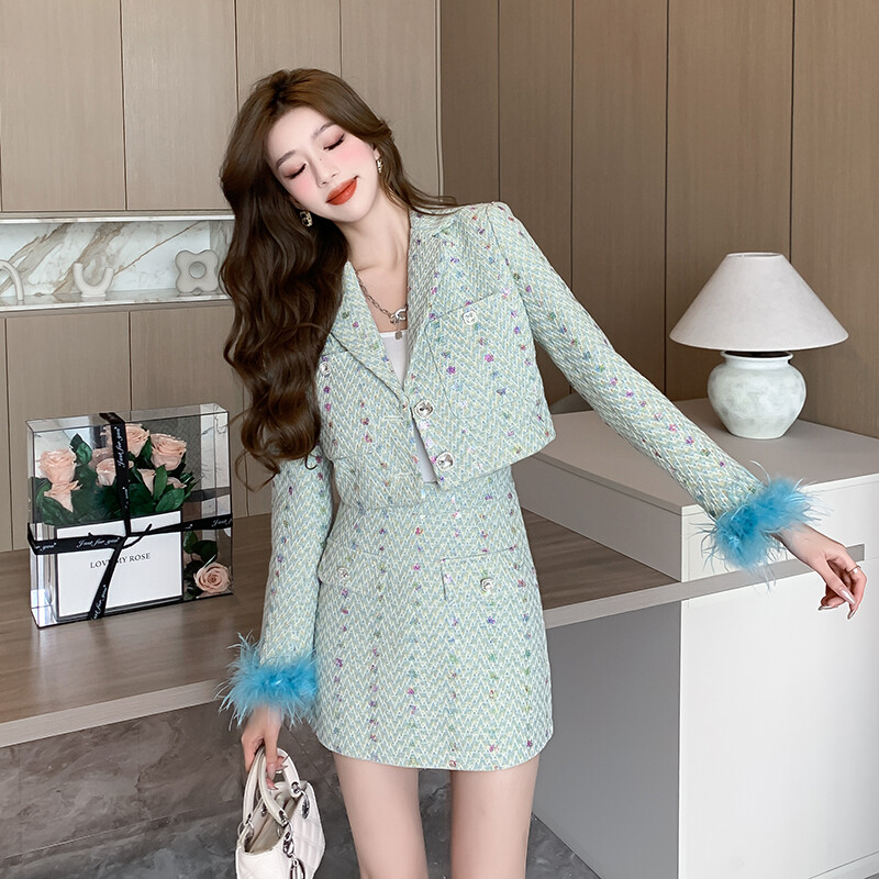 Luksuzni set od 2 komada, mala mirisna ženska jakna od tvida od vjetra, jesen, zima, sako od perja + mini suknja, ženska odjeća