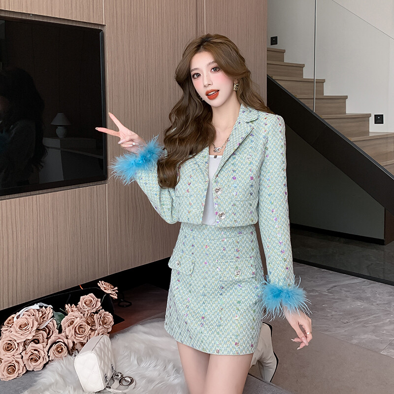 Luksuzni set od 2 komada, mala mirisna ženska jakna od tvida od vjetra, jesen, zima, sako od perja + mini suknja, ženska odjeća