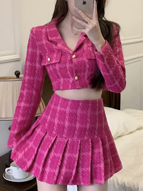 Toamnă Mic Parfum Vintage Tweed Set Două Piese Femei Crop Top Lână Jachetă Scurtă Jachetă + Mini Fuste Seturi Dulci Costume 2 Piese