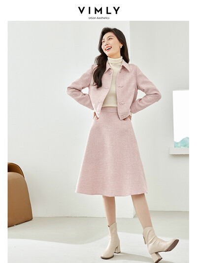 Vimly 2023. aasta sügisroosad naiste tviidülikonnad, 2-osalised komplektid, naiste komplekt Elegantne soe revääriga kärbitud jakid A-line Midiseelikud V7651