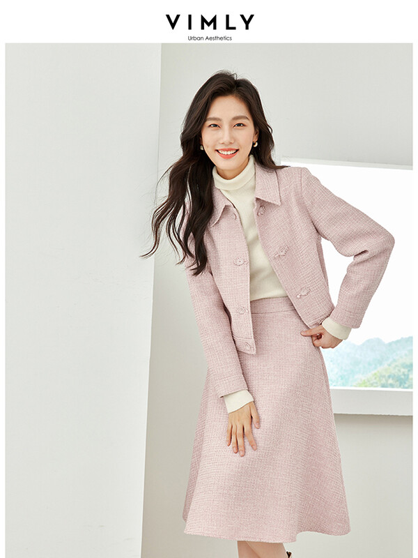 Vimly 2023. aasta sügisroosad naiste tviidülikonnad, 2-osalised komplektid, naiste komplekt Elegantne soe revääriga kärbitud jakid A-line Midiseelikud V7651