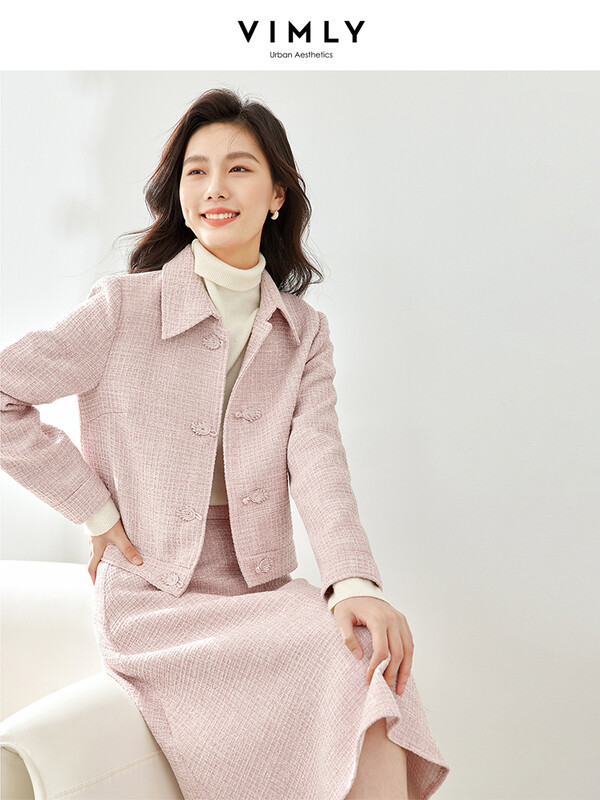 Vimly 2023. aasta sügisroosad naiste tviidülikonnad, 2-osalised komplektid, naiste komplekt Elegantne soe revääriga kärbitud jakid A-line Midiseelikud V7651