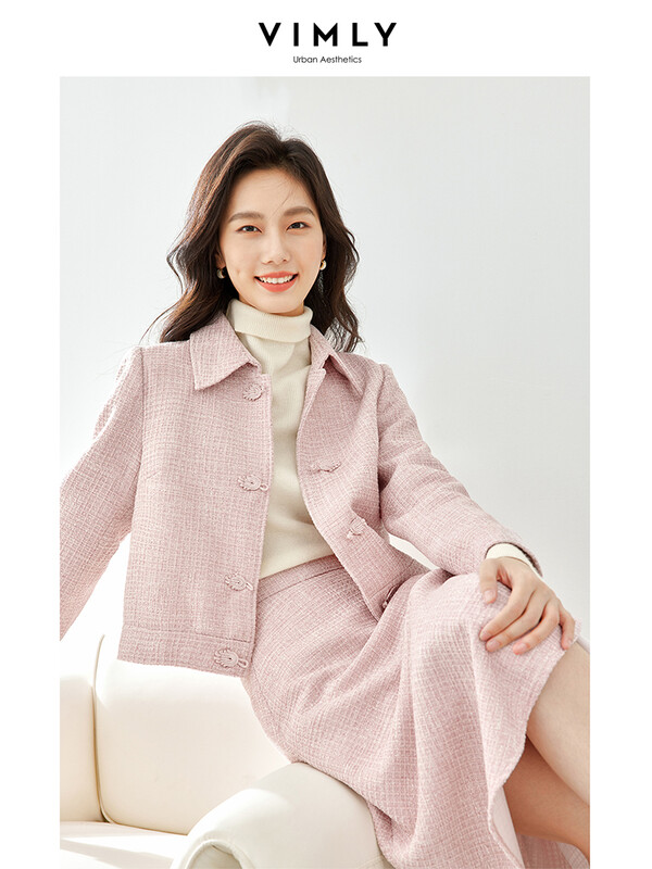 Vimly 2023. aasta sügisroosad naiste tviidülikonnad, 2-osalised komplektid, naiste komplekt Elegantne soe revääriga kärbitud jakid A-line Midiseelikud V7651