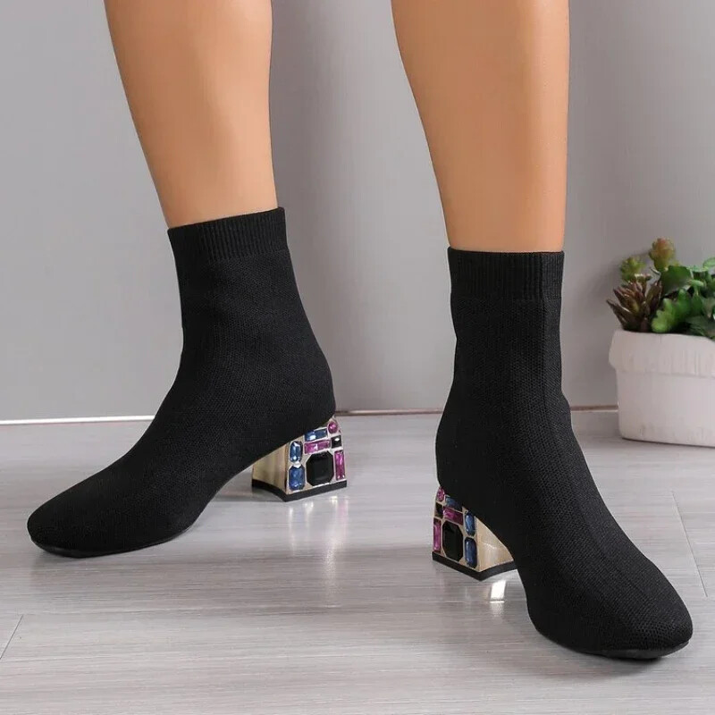 Ženske cipele, modne visoke pete, gležnjače s dijamantima, udobne seksi čizme na navlačenje, cipele za žene, kratke čizme za pletenje 2024.