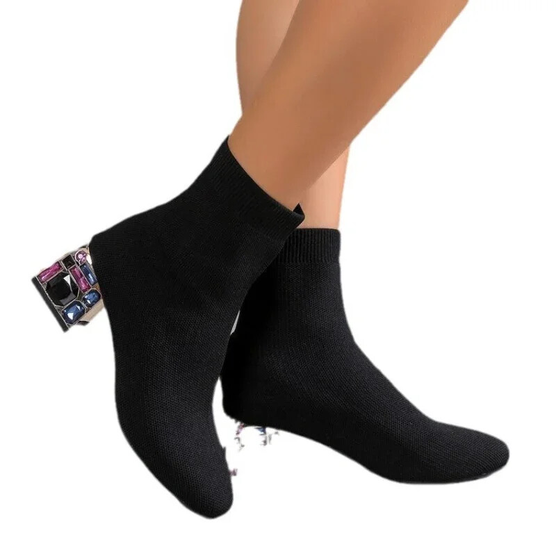 Ženske cipele, modne visoke pete, gležnjače s dijamantima, udobne seksi čizme na navlačenje, cipele za žene, kratke čizme za pletenje 2024.