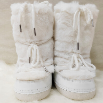 Χειμερινές μπότες χιονιού 2023 Γυναικείες μπότες σκι με κορδόνια από γούνα από κουνέλι Γυναικεία μάρκα Πλατφόρμα σχεδίασης αδιάβροχες δερμάτινες γούνινες μπότες