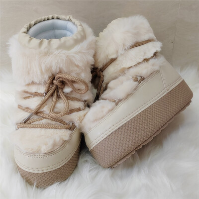 Χειμερινές μπότες χιονιού 2023 Γυναικείες μπότες σκι με κορδόνια από γούνα από κουνέλι Γυναικεία μάρκα Πλατφόρμα σχεδίασης αδιάβροχες δερμάτινες γούνινες μπότες
