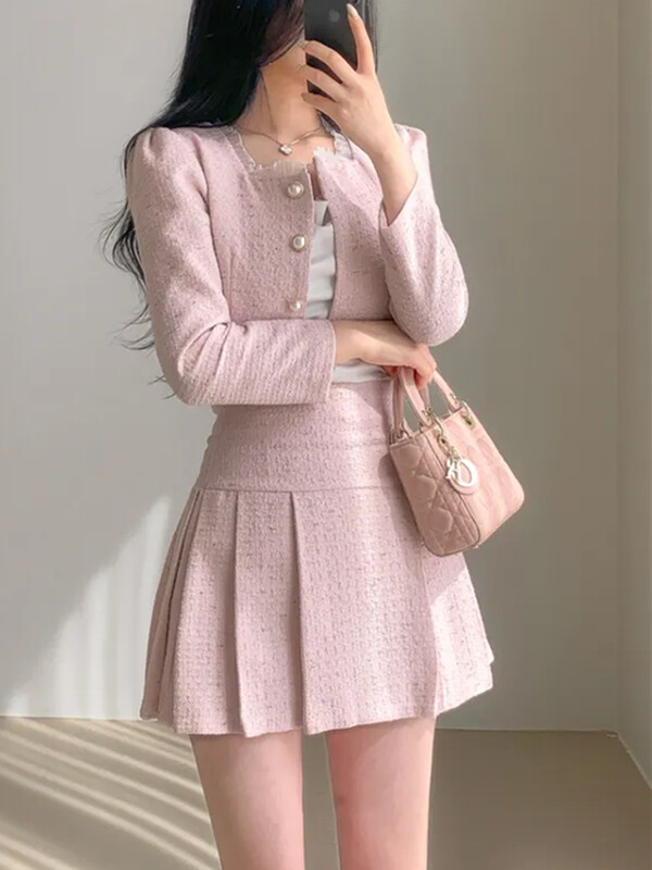 Kaheosaline komplekt naistele Sügisene korea moe plisseeritud miniseelik, mis sobib magusa pitsiga, lühikeste mantlite komplektid, vintage tweed, 2-osaline komplekt