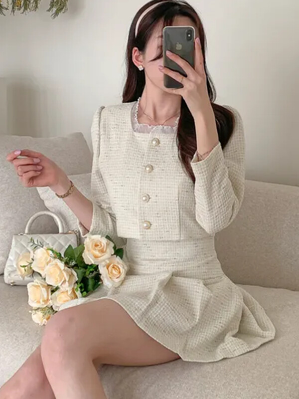 Kaheosaline komplekt naistele Sügisene korea moe plisseeritud miniseelik, mis sobib magusa pitsiga, lühikeste mantlite komplektid, vintage tweed, 2-osaline komplekt