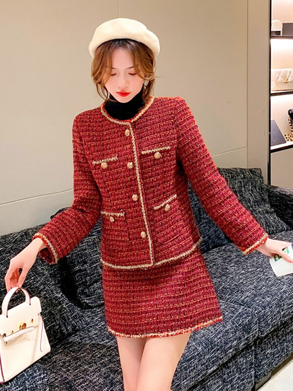 Jesenski mali mirisni dvodijelni set od tvida Ženska vunena kratka jakna Kaput + mini suknje Kompleti odjeće Žensko dvodijelno odijelo