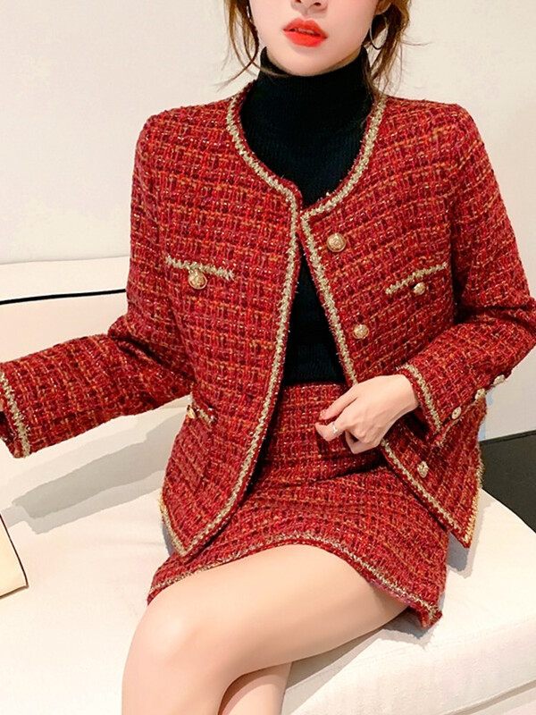 Jesenski mali mirisni dvodijelni set od tvida Ženska vunena kratka jakna Kaput + mini suknje Kompleti odjeće Žensko dvodijelno odijelo