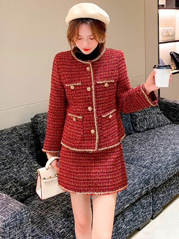 Jesenski mali mirisni dvodijelni set od tvida Ženska vunena kratka jakna Kaput + mini suknje Kompleti odjeće Žensko dvodijelno odijelo