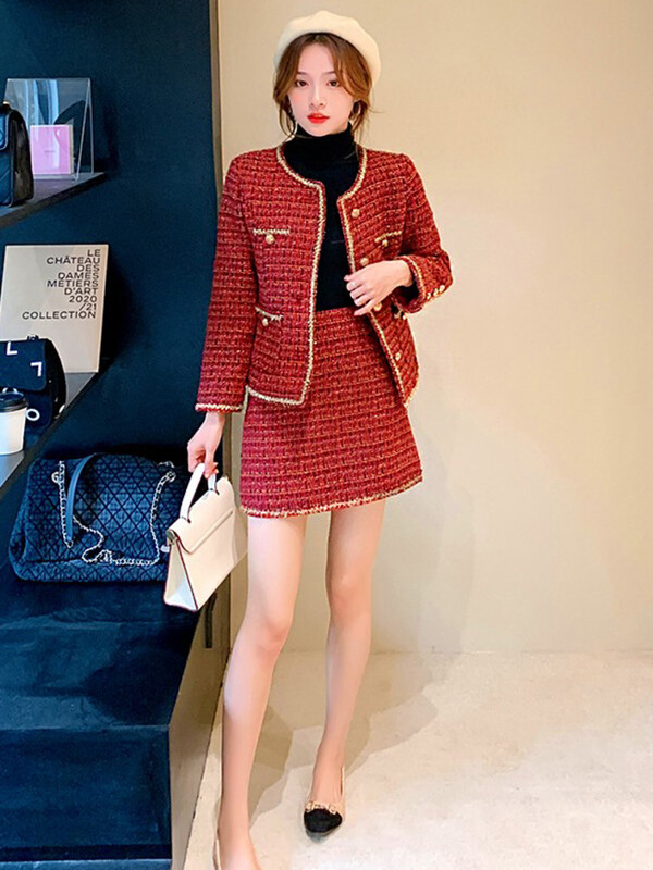 Jesenski mali mirisni dvodijelni set od tvida Ženska vunena kratka jakna Kaput + mini suknje Kompleti odjeće Žensko dvodijelno odijelo