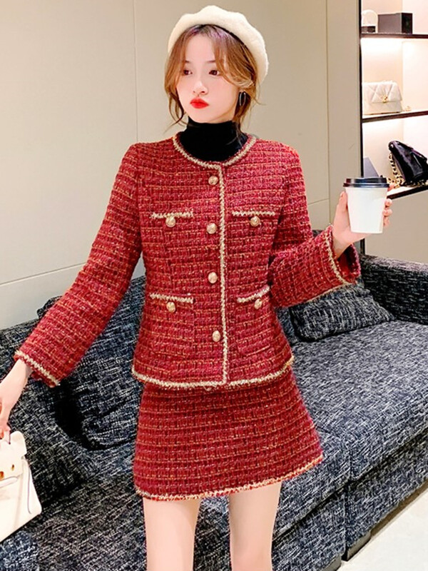 Jesenski mali mirisni dvodijelni set od tvida Ženska vunena kratka jakna Kaput + mini suknje Kompleti odjeće Žensko dvodijelno odijelo