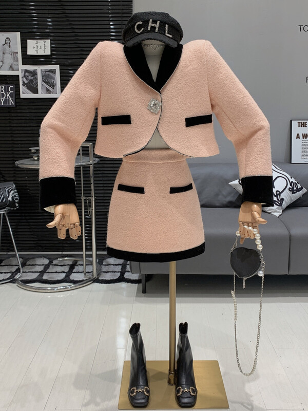 Vintage vrhunsko temperamentno žensko odijelo, novo jesensko šik usko odijelo od tvida s dijamantnom kopčom + francuska kratka suknja, visokokvalitetna 2-dijelna