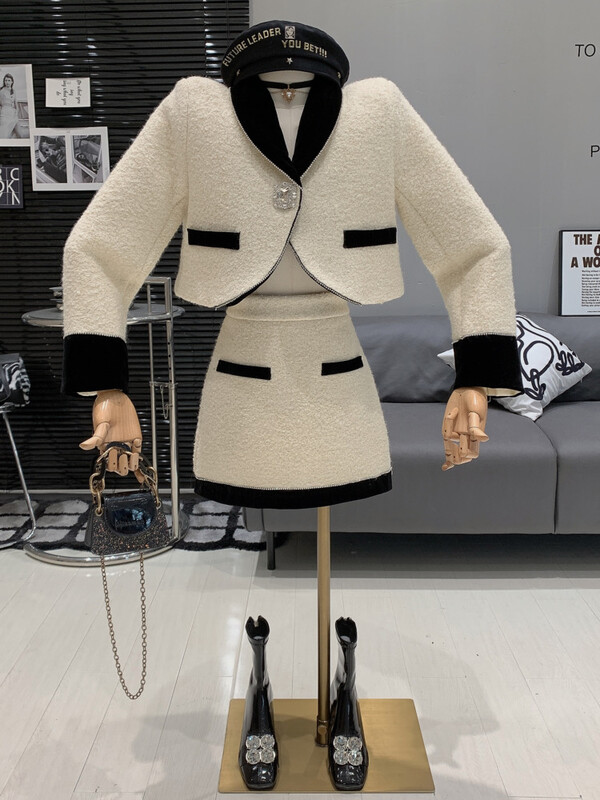 Vintage vrhunsko temperamentno žensko odijelo, novo jesensko šik usko odijelo od tvida s dijamantnom kopčom + francuska kratka suknja, visokokvalitetna 2-dijelna