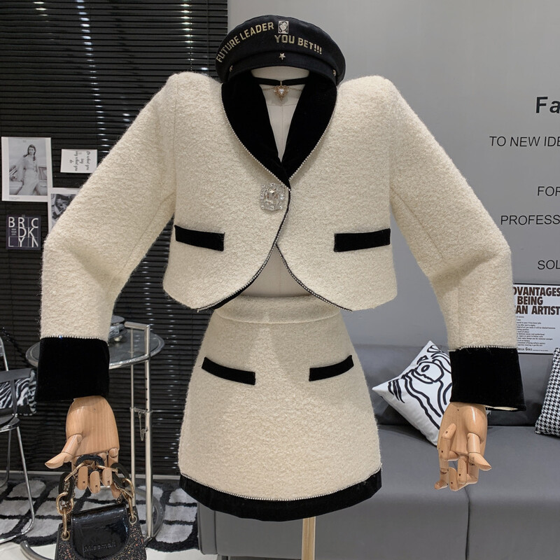 Vintage vrhunsko temperamentno žensko odijelo, novo jesensko šik usko odijelo od tvida s dijamantnom kopčom + francuska kratka suknja, visokokvalitetna 2-dijelna