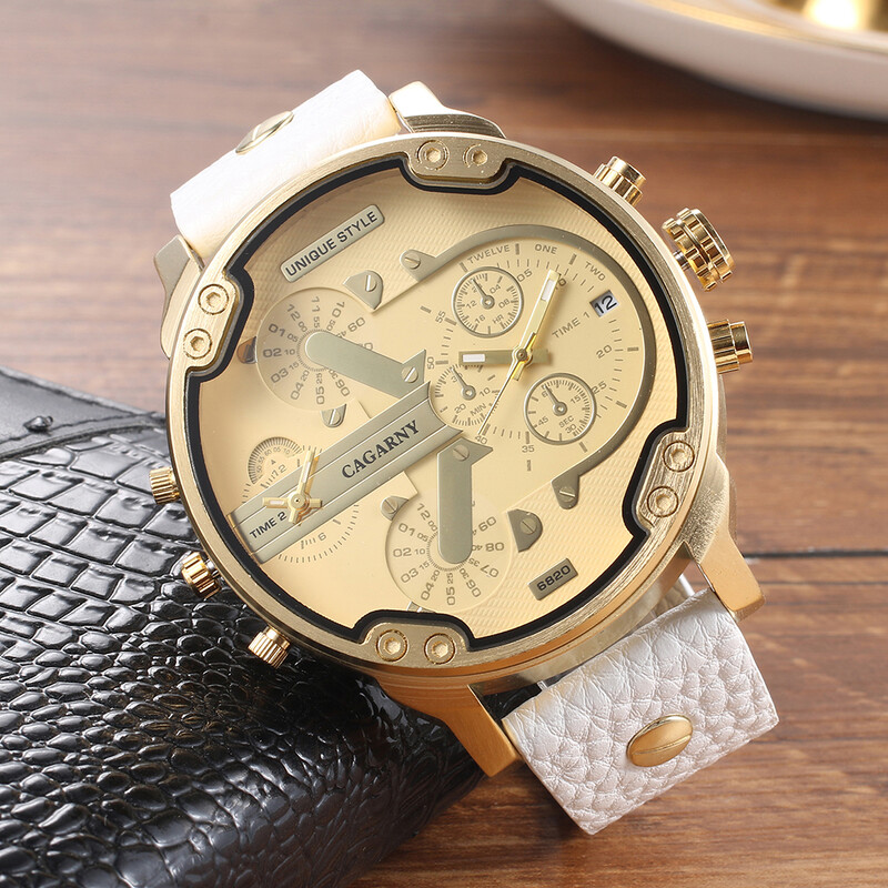 CAGARNY originaalbrändi suur numbrilaud 6820 kahe ajavööndiga nahast meeste kvartsist käekell kuupäev veekindel mood vabaaja meeste käekellad
