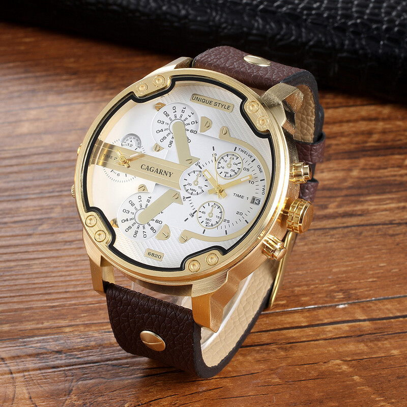 CAGARNY originaalbrändi suur numbrilaud 6820 kahe ajavööndiga nahast meeste kvartsist käekell kuupäev veekindel mood vabaaja meeste käekellad