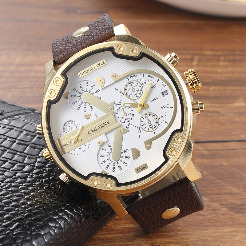 CAGARNY originaalbrändi suur numbrilaud 6820 kahe ajavööndiga nahast meeste kvartsist käekell kuupäev veekindel mood vabaaja meeste käekellad