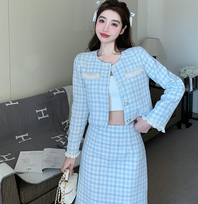 Ρετρό ιδιοσυγκρασία Μικρό αρωματικό Γυναικείο Μπλε καρό Tweed Μακρυμάνικο Crop Top+Ψηλή μέση Midi Φούστες Γυναικεία Ρούχα Σετ 2 τεμαχίων