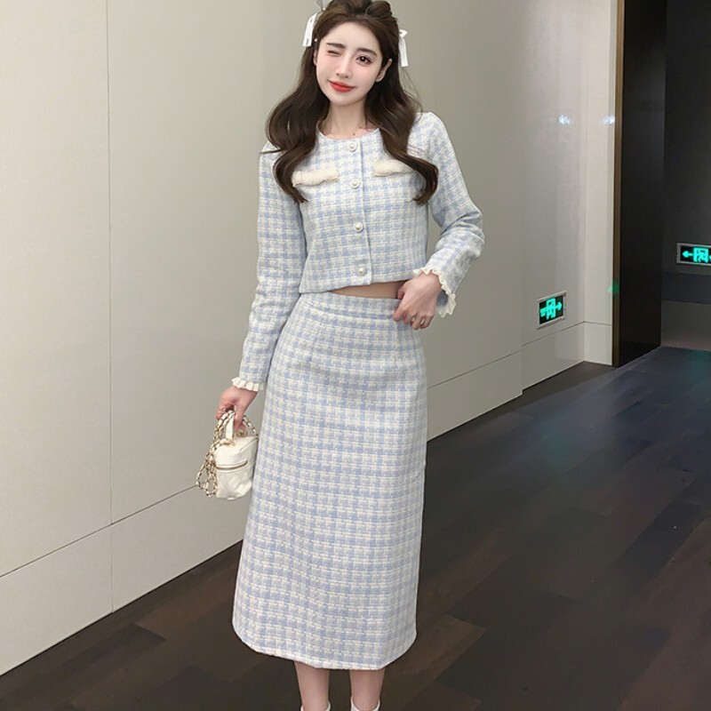 Ρετρό ιδιοσυγκρασία Μικρό αρωματικό Γυναικείο Μπλε καρό Tweed Μακρυμάνικο Crop Top+Ψηλή μέση Midi Φούστες Γυναικεία Ρούχα Σετ 2 τεμαχίων