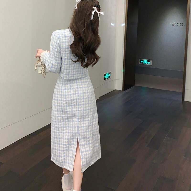 Ρετρό ιδιοσυγκρασία Μικρό αρωματικό Γυναικείο Μπλε καρό Tweed Μακρυμάνικο Crop Top+Ψηλή μέση Midi Φούστες Γυναικεία Ρούχα Σετ 2 τεμαχίων