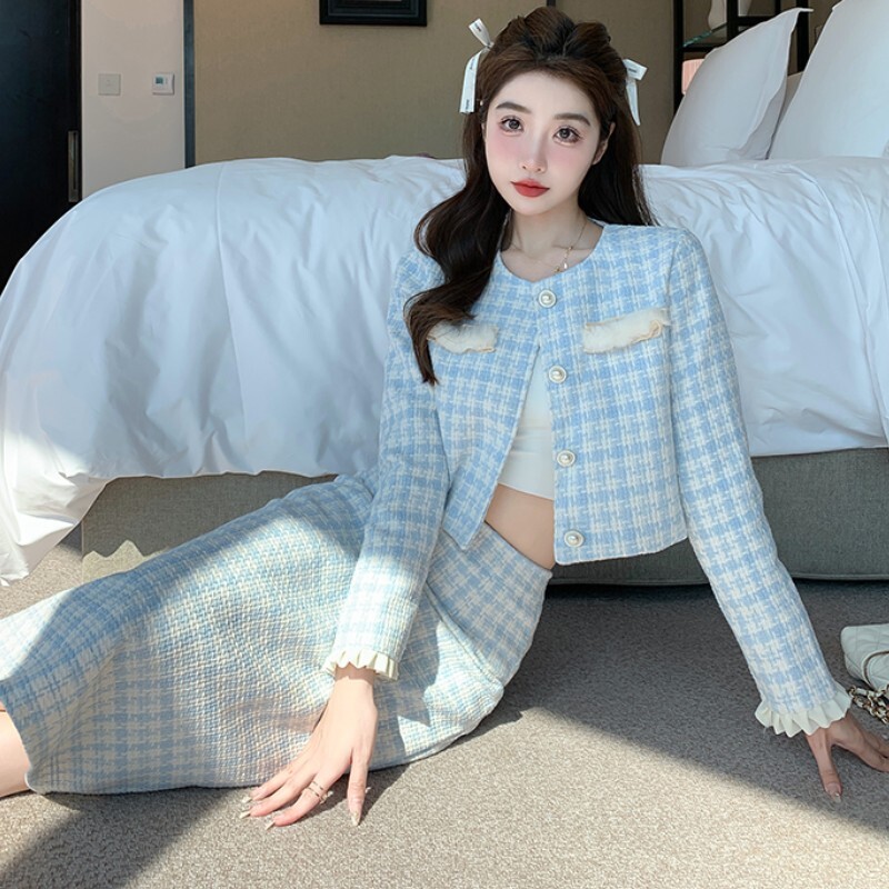 Ρετρό ιδιοσυγκρασία Μικρό αρωματικό Γυναικείο Μπλε καρό Tweed Μακρυμάνικο Crop Top+Ψηλή μέση Midi Φούστες Γυναικεία Ρούχα Σετ 2 τεμαχίων